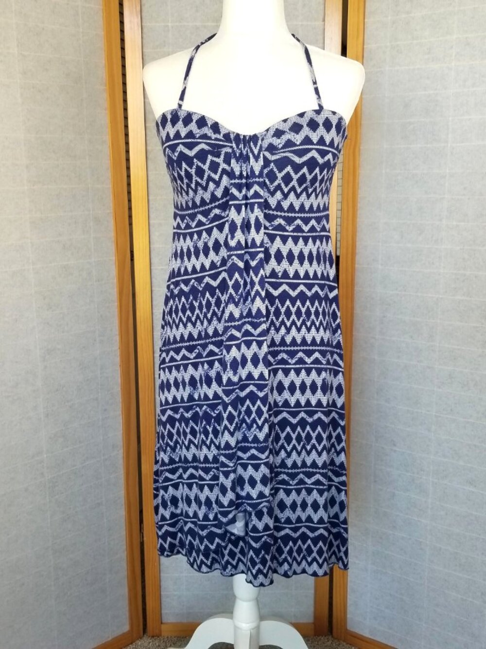 Skye Halter Sun Dress Blue Built-in Bra Faux Wrap Stretch Knit Size Larfe